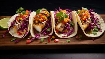 Photo of Grilled Fish Tacos as a dish in a high-end restaurant. Generative AI