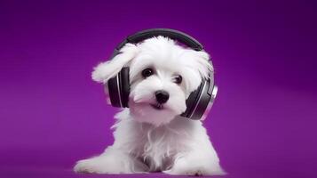 Photo of maltese using headphone  on purple background. Generative AI