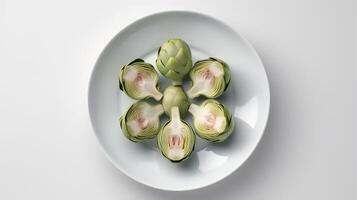 Photo of Artichoke slices on plate isolated on white background. generative ai