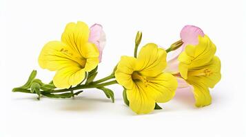 Photo of beautiful Evening Primrose flower isolated on white background. Generative AI