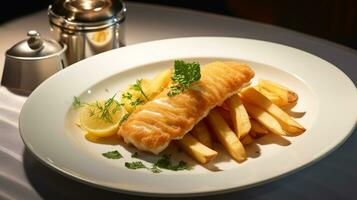 foto de pescado y papas fritas como un plato en un gama alta restaurante. generativo ai