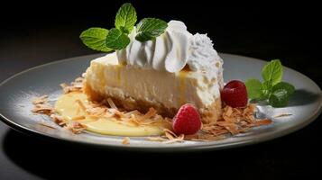 Photo of Coconut Cream Pie as a dish in a high-end restaurant. Generative AI