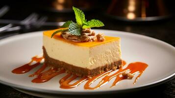 Photo of Pumpkin Cheesecake as a dish in a high-end restaurant. Generative AI