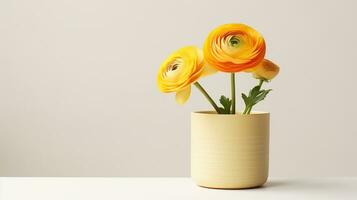Photo of Ranunculus flower in pot isolated on white background. Generative AI