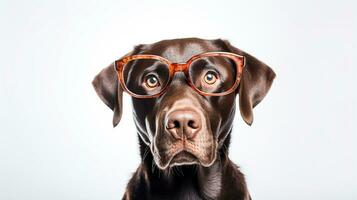 Photo of a Labrador Retriever dog using eyeglasses isolated on white background. Generative AI