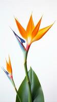 Photo of beautiful Bird of Paradise flower isolated on white background. Generative AI