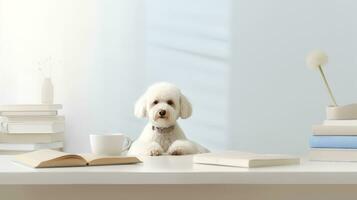 un caniche perro en un suéter se sienta estudiando acompañado por un taza y pila de algo de libros. generativo ai foto