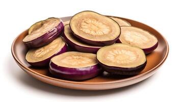 Photo of Eggplant sliced pieces isolated on white background.