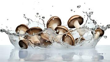 Photo of Mushrooms with splash water isolated on white background. generative ai