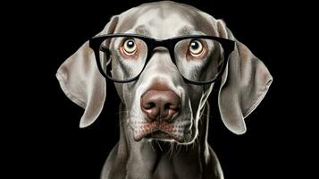 Photo of a Weimaraner dog using eyeglasses isolated on white background. Generative AI