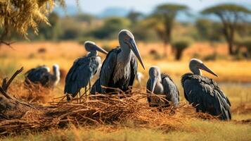 Photo of a herd of Marabou Stork resting in an open area on the Savanna. Generative AI