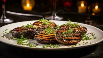 Photo of Grilled Portobello Mushrooms as a dish in a high-end restaurant. Generative AI