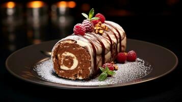 Photo of Yule Log Cake as a dish in a high-end restaurant. Generative AI