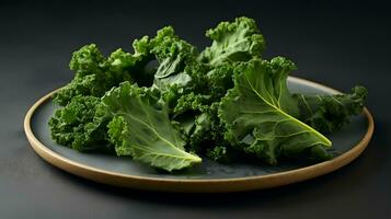 Photo of Kale isolated on minimalist plate isolated on black background. generative ai