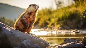 Close-up photo of a Marmot looking in their habitat. Generative AI