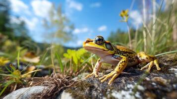 Photo of Frog in ther forest with blue sky. Generative AI