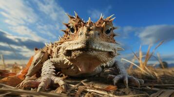 Photo of a Horned Toad in a Desert with blue sky. Generative AI