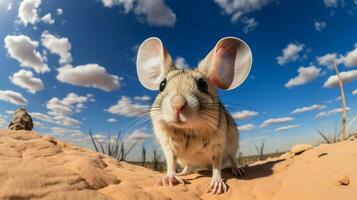 Photo of a Desert Jerboa in a Desert with blue sky. Generative AI