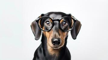 Photo of a Dachshund dog using eyeglasses isolated on white background. Generative AI