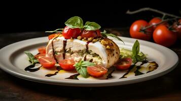 Photo of Caprese Stuffed Chicken as a dish in a high-end restaurant. Generative AI