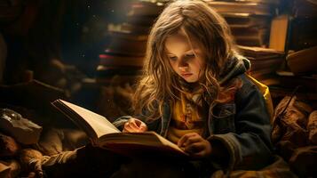 pequeño niña leyendo un libro en el biblioteca con otoño hojas alrededor su. generativo ai foto