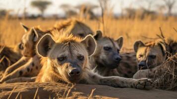 Photo of a herd of Hyena resting in an open area on the Savanna. Generative AI
