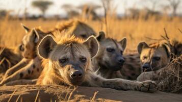 Photo of a herd of Hyena resting in an open area on the Savanna. Generative AI