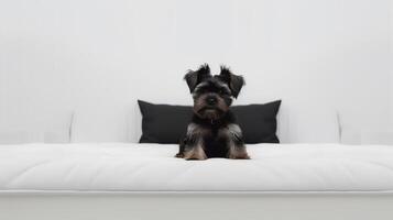 Portrait of Affenpinscher lying on bed. Generative AI photo