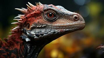 Close-up photo of a Velociraptor looking in their habitat. Generative AI