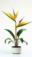 Photo of Bird of Paradise flower in pot isolated on white background. Generative AI