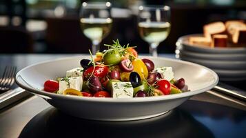 Photo of Greek Salad as a dish in a high-end restaurant. Generative AI