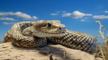 Photo of a Sidewinder Rattlesnake in a Desert with blue sky. Generative AI