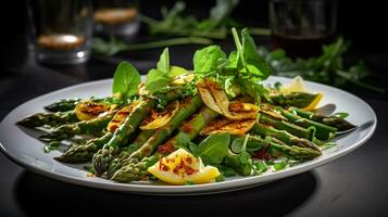 Photo of Grilled Asparagus Salad as a dish in a high-end restaurant. Generative AI