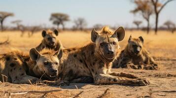 Photo of a herd of Hyena resting in an open area on the Savanna. Generative AI