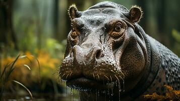 Close-up photo of a Hippopotamus looking any direction on jungle. Generative AI