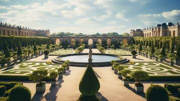 Photo of the beautiful gardens of the Palace of Versaille, France. Generative AI