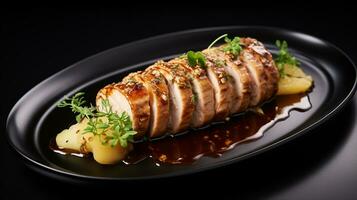 Photo of Sausage and Apple Stuffed Pork Loin as a dish in a high-end restaurant. Generative AI