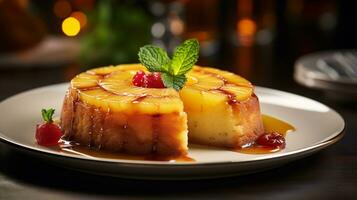 Photo of Pineapple Upside-Down Cake as a dish in a high-end restaurant. Generative AI