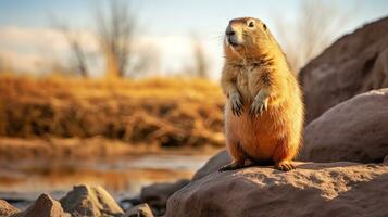 Close-up photo of a Prairie Dog looking in their habitat. Generative AI