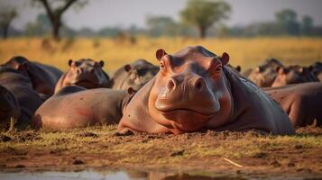 Photo of a herd of Hippopotamus resting in an open area on the Savanna. Generative AI