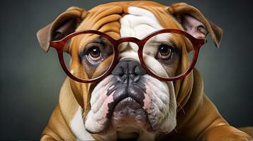 Photo of a Bulldog dog using eyeglasses isolated on white background. Generative AI