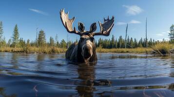 Photo of a Moose under Blue Sky. Generative AI