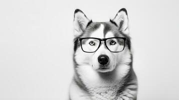 Photo of a Alaskan Malamute dog using eyeglasses isolated on white background. Generative AI