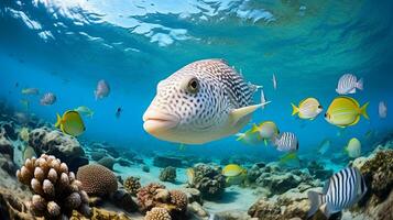 Photo of Pufferfish with various fish between healthy coral reefs in the blue ocean. Generative AI