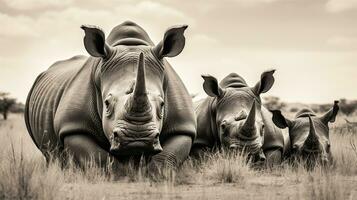 Photo of a herd of Rhinoceros resting in an open area on the Savanna. Generative AI