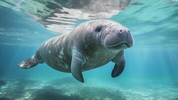 Photo of Manatee in ther forest with blue sky. Generative AI