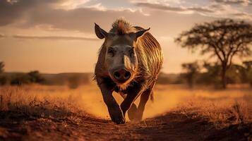 Photo of Warthog on savanna at sunset. Generative AI