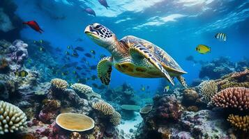 Photo of Sea Turtle with various fish between healthy coral reefs in the blue ocean. Generative AI