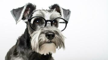 Photo of a Miniature Schnauzer dog using eyeglasses isolated on white background. Generative AI