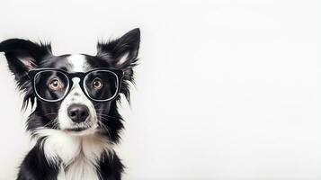 Photo of a Border Collie dog using eyeglasses isolated on white background. Generative AI